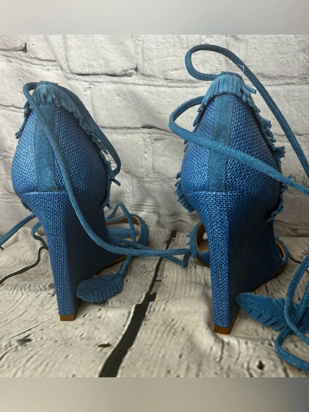 Coastal Boho Fringe Eclectic Southwestern Blue Stiletto Ankle Wrap Wedges Sz 8.5